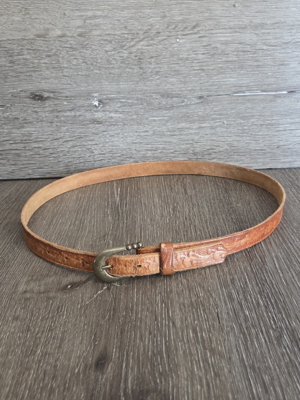 Tooled Leather Belt with Brass Buckle - Tan - Medium
